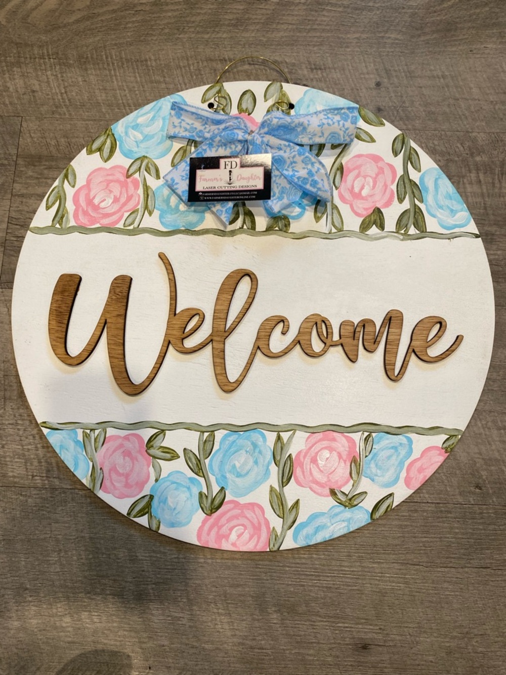 Welcome Floral Round Door Sign - Pastel Pink & Blue